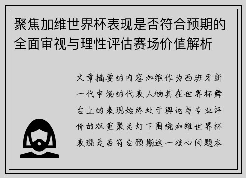 聚焦加维世界杯表现是否符合预期的全面审视与理性评估赛场价值解析