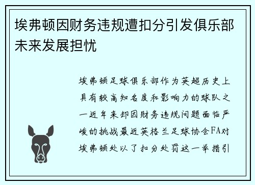 埃弗顿因财务违规遭扣分引发俱乐部未来发展担忧 埃弗顿因财务违规遭扣分引发俱乐部未来发展担忧